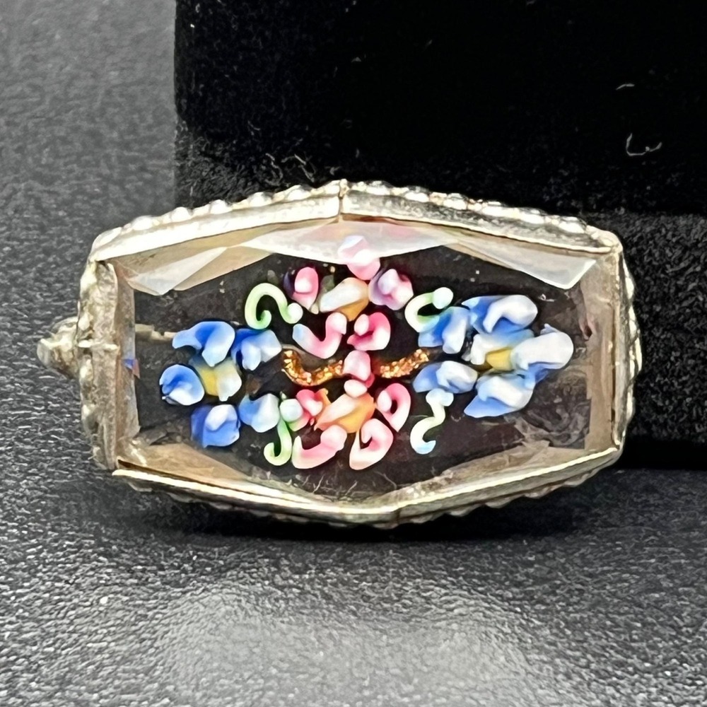 Vintage Millefiori Glass Brooch Silver Tone Frame Floral Mosaic